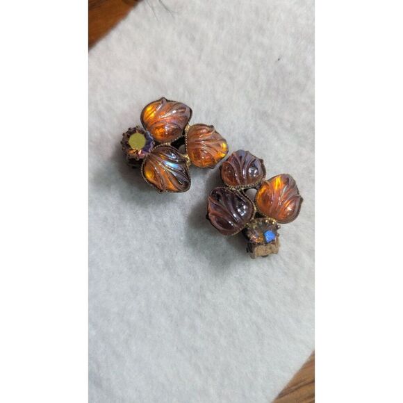 Vintage West Germany Amber Glass Clip-On Earrings Floral Design 1.25" Rhinestone - Picture 3 of 10